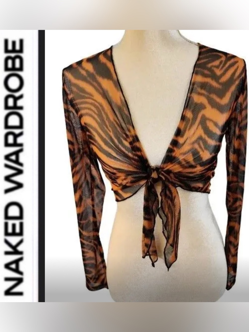 Naked Wardrobe 🖤🧡 Orange Tiger-Print Sheer Tie-Front Crop Top swim cover up